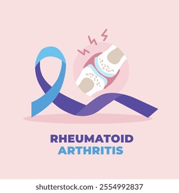 An inflamed joint in pain. Blued and purple ribbon. World Rheumatoid Arthritis day poster. Vector illustration in cartoon style.