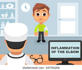 Inflammation of the elbow medical concept. Vector illustration. Doctor and patient are talking in the hospital. Isolated on white background.