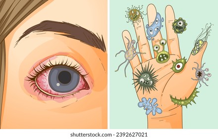 Inflammation of the eyes. Eye irritation. Allergy. Conjunctivitis, stye. Do not touch your eyes with dirty hands. Healthcare illustration. Vector illustration.