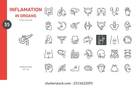 Conjunto de iconos de inflamación en órganos humanos. Iconos lineales delgados que representan la inflamación en varios órganos humanos, incluidos los pulmones, el hígado, el páncreas, los riñones, el corazón, las articulaciones, el estómago y los órganos reproductivos.