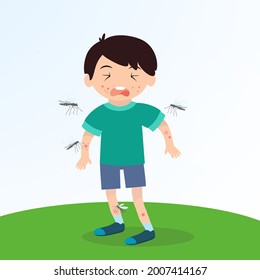Inflammation from a mosquito bite on a child's skin, fright and an allergic reaction. Cartoon characters