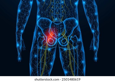 Inflammation of the sciatic nerve. Pain in the femoral area. Polygonal design of interconnected lines and dots. Blue background.