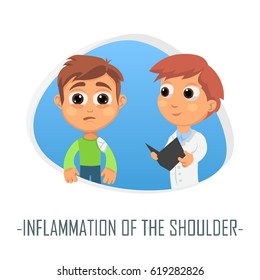 Inflammation of the shoulder medical concept. Vector illustration. Doctor and patient are talking in the hospital. Isolated on white background.