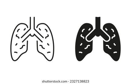 Inflammatory Condition of Lungs Symbol Collection. Human Internal Organ Line and Silhouette Icon Set. Pneumonia, Asthma, Viral Disease. Pneumonia Lungs Sign. Isolated Vector illustration.