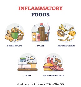 Inflammatory foods with unhealthy daily eating habits outline collection set. Health risk with acid nutrient and chronic disease development vector illustration. Avoid this products in lifestyle meals