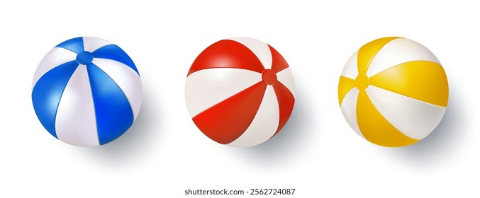 Inflatable 3d beach ball, top view. Red white pool party toy. Summer blue yellow swimming floating sphere. Sport game, air blown round big plastic rubber beachball. Sea vacation striped fun kid bauble