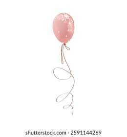 Inflatable air balloon for event decoration, vector illustration. Round helium balloon pink with glitter and ribbon. Gift, birthday, party decoration. Isolated background.