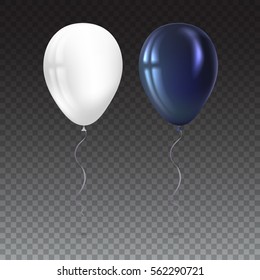Globos inflables de vuelo aislados en transparente. Mira de cerca los globos blancos y negros con reflexiones. Ilustración vectorial 3D realista