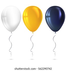 Inflatable air flying balloons isolated on white background. Close-up look at black, white and yellow balloons with reflects. Realistic 3D vector illustration