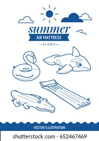 Inflatable air mattress icon set. Summer outline icons with clouds and sun. Whale, crocodile, flamingo and basic retro simple mattress