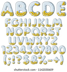 Inflatable alphabet, letters, numbers and signs with balls. Set of colored vector isolated objects on white background.