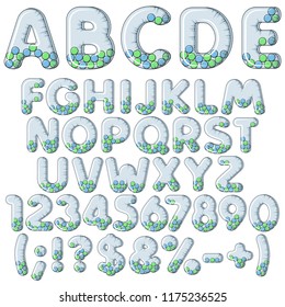 Inflatable alphabet, letters, numbers and signs with balls. Set of colored vector isolated objects on white background.