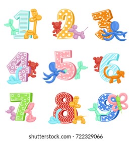 Inflatable animals with birthday numbers. Vector illustrations. Design template of invitation cards for kids party. Birthday and inflatable balloon in shape animals