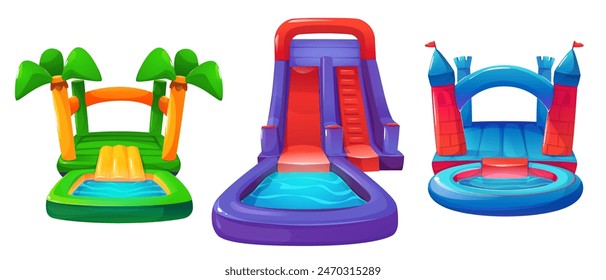 Inflatable aquapark children water slide in shape of castle with tower, beach with palm trees with swimming pool. Cartoon vector set of bouncy amusement waterpark trampoline for kid play activity.