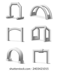 Puertas inflables de arco de diferentes formas para la competencia deportiva, eventos, carreras, maratón y la ilustración vectorial del torneo. Composición 3d de las arcadas de inicio y fin