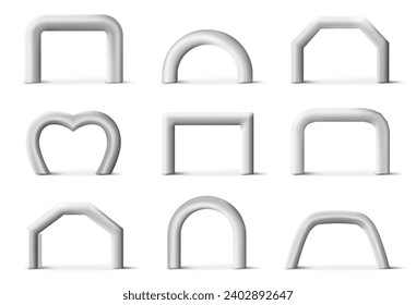 Inflatable arch, helium tube entrance gates, balloon archway of different shape empty blank mockup 3d vector illustration. Geometric stage framing for exhibition or sport competition