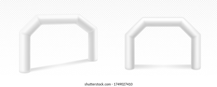 Arcos inflables para publicidad, carreras, maratón y eventos deportivos. Arcos en blanco o puerta, terminar o comenzar la competición deportiva aislada en fondo blanco, ilustración 3d realista vectorial