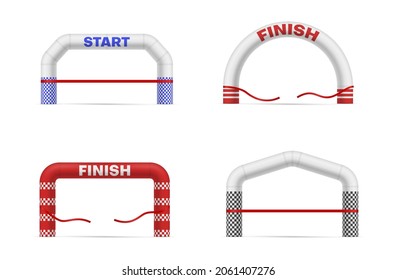 Inflatable arches set realistic vector illustration. Air rubber gates columns start finish inscription isolated on white. Competition entrance and exit torn or strained ribbon for game sports marathon svg