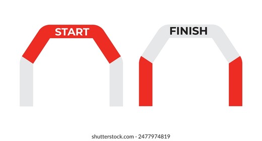 Inflatable arches, starting and finishing arches for races, marathons and sporting events. Gates for sports competitions in red color isolated on white background. Vector illustration