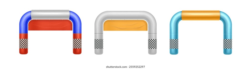 Inflatable archways of rounded shape. Vector isolated set of realistic arches or gates for sports tournament, marathon or competition. Empty blank balloons with copy space for advertisement