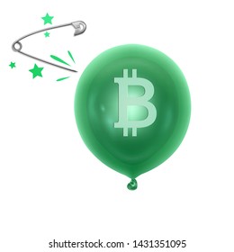 An inflatable ball with a bitcoin symbol a needle. The symbol of the downfall of bitcoin, Vector EPS 10 illustration