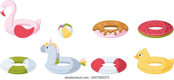 Inflatable ball, flamingo, duck, ring, donut, unicorn, watermelon ring for swimming pool and beach. Hand drawn simple illustration.