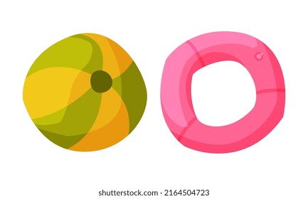 Inflatable ball and lifebuoy set. Summer vacation objects cartoon vector illustration