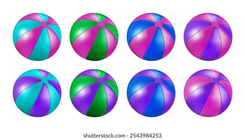 Inflatable balloon for circus clown. Beach ball for pool or island ocean. 3d summer water party kid toy element. Sea swimming pink purple beachball. Vector isolated cartoon blue green striped baloon