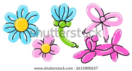 Inflatable balloon figures - colorful daisy shaped flowers with big petals, bow element, dog shaped toy. Childish vector doodle illustration set for party decor, summer event, kid celebration.