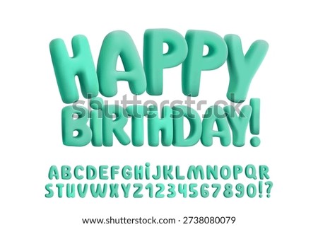 Inflatable balloon font, 3D plasticine rubber effect. Glossy green bubble letters. Chubby retro festive Y2K aesthetic for birthday party poster, playful design. Kids graphics, creative title display
