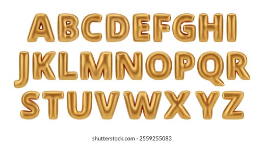 Inflatable balloon fonts with english alphabet letters. Vector isolated glossy golden typeface, realistic lettering for decoration of party or birthday celebration. Bright and trendy decor for holiday