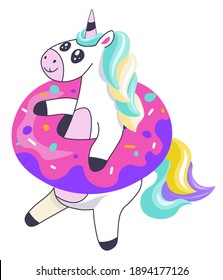 Inflatable balloon, pillow or cake in shape of cute unicorn stuck in glazed donut. Isolated mythological animal character for nursery decoration, birthday present toy for girl. Vector in flat style