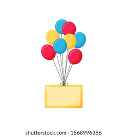  Inflatable balloons with a card for text. The bundle of flight up color helium balloons on a white background. Realistic colorful design elements in red, yellow, blue.