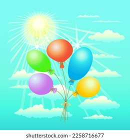 Inflatable balloons on a background of blue sky with white clouds, glare, shining sun on a square background. Yellow, red, purple, orange, green, blue inflatable balloons. Vector illustration.