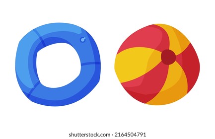 Inflatable beach ball and lifebuoy set. Summer vacation objects cartoon vector illustration