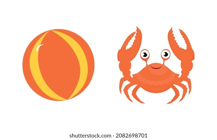 Inflatable Beach Ball and Red Crab with Claws Vector Set