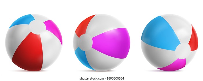 Inflatable Beach Ball, Striped Air Balloon For Play In Water, Sea Or Swim Pool. Vector Realistic Set Of Bright Rubber Beachball With Blue, Red And Pink Colors Isolated On White Background