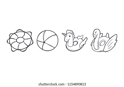 Inflatable beach toys outline vector illustration set collection. Summer party beach different toy set hand drawing. Sea life belt, beach ball, inflatable unicorn and flamingo bird silhouette shapes.