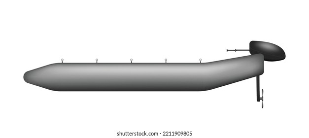 Inflatable boat with engine realistic. Maritime vessel with motor for fishing. Speed boat for recreational trip. Rubber ship isolated on white background. Vector illustration