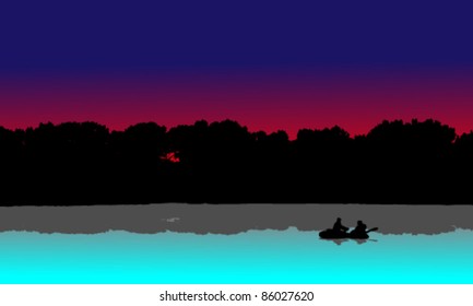Inflatable boat floating down the river on background of silhouettes of trees at sunset
