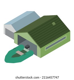 Inflatable boat icon isometric vector. Modern inflatable boat with motor, garage. Green rubber dinghy, lifeboat, water transport