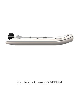 Inflatable boat with motor and oars to ride, hunting and fishing. Sea or river ship, flat icon. Sea and river vehicles. Isolated on white background.