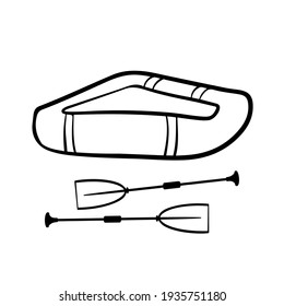 Inflatable boat with oars doodle vector. Fishing rubber boat, canoe with paddles line art. Camping equipment illustration. The object is isolated on a white background.