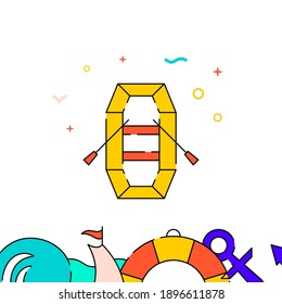 Inflatable boat with oars filled line vector icon, simple illustration, water safety and watercraft related bottom border.