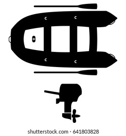 Inflatable boat with outboard motor and oars. Black and white vector illustration.