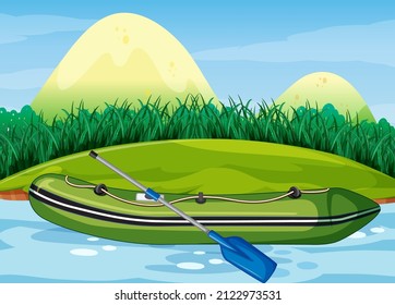 Inflatable boat with paddle in nature scenery illustration