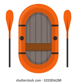 Inflatable boat with paddles isolated on white background. Orange rubber boat swim and oars in flat dtyle. Vector Illustration