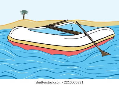 Inflatable boat with paddles on water