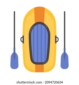 Inflatable boat with paddles. Yellow rafting boat and blue oars in flat style. River rafting, outdoor activity vector illustration. Motorboat isolated on white background.