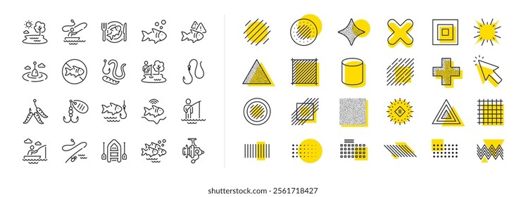 Inflatable boat, Worms or Maggot bait and Fishing rod set. Design shape elements. Fishing line icons. Float bobber, echo sounder and hook with worms line icons. Vector